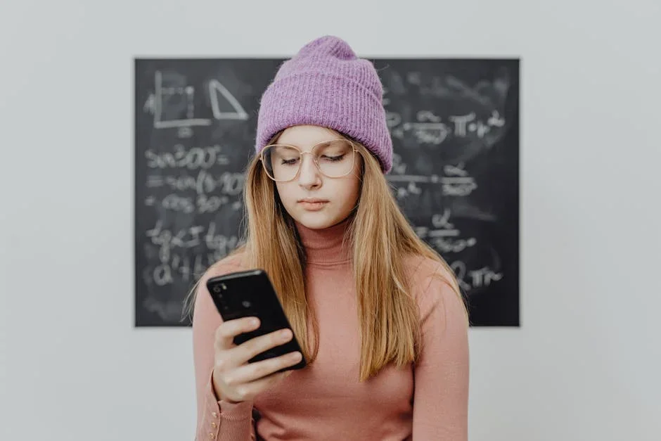 Student using calculator app on Android phone in classroom